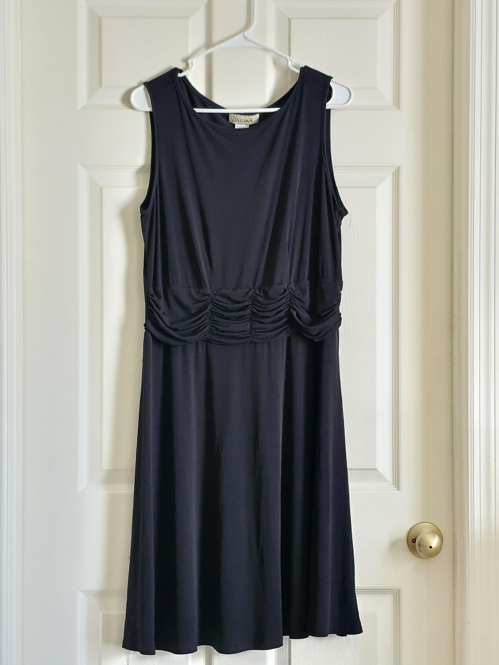 Davina Black Sleeveless Ruched Midi Dress — Size 14